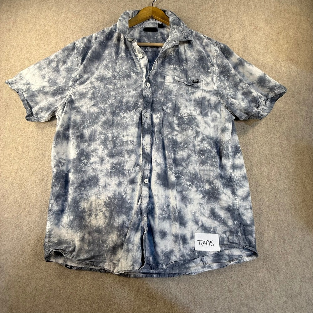 Vans Mens Large Blue White Tie Dye Short Sleeve Button Down Shirt Peace Sign